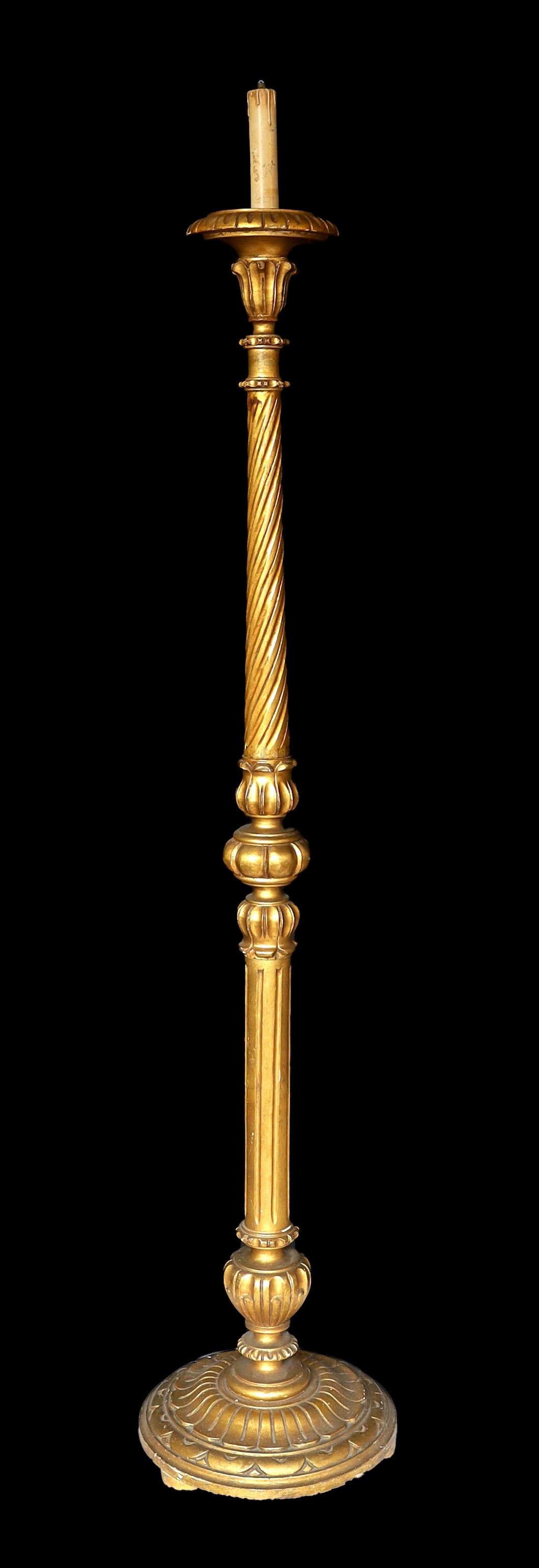 A 20th century English giltwood torchere lamp standard, height 158cm. diameter of base 33cm.